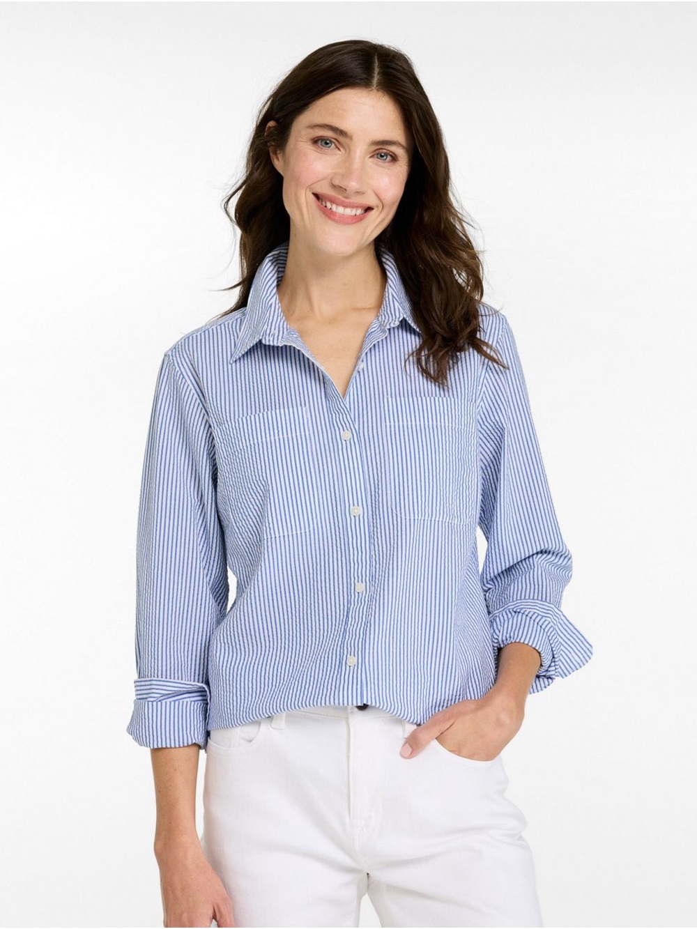 L.L. Bean Women's Vacationland Seersucker Shirt, Long-Sleeve, medium, like new!